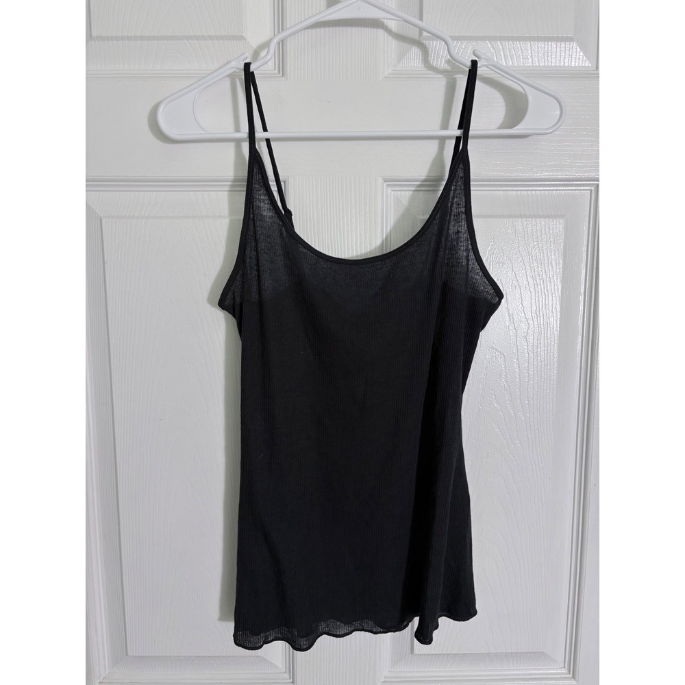 SKIMS Sheer Cotton Long Scoop Neck Cami L Soot Black Ribbed SL-CAM-9927W